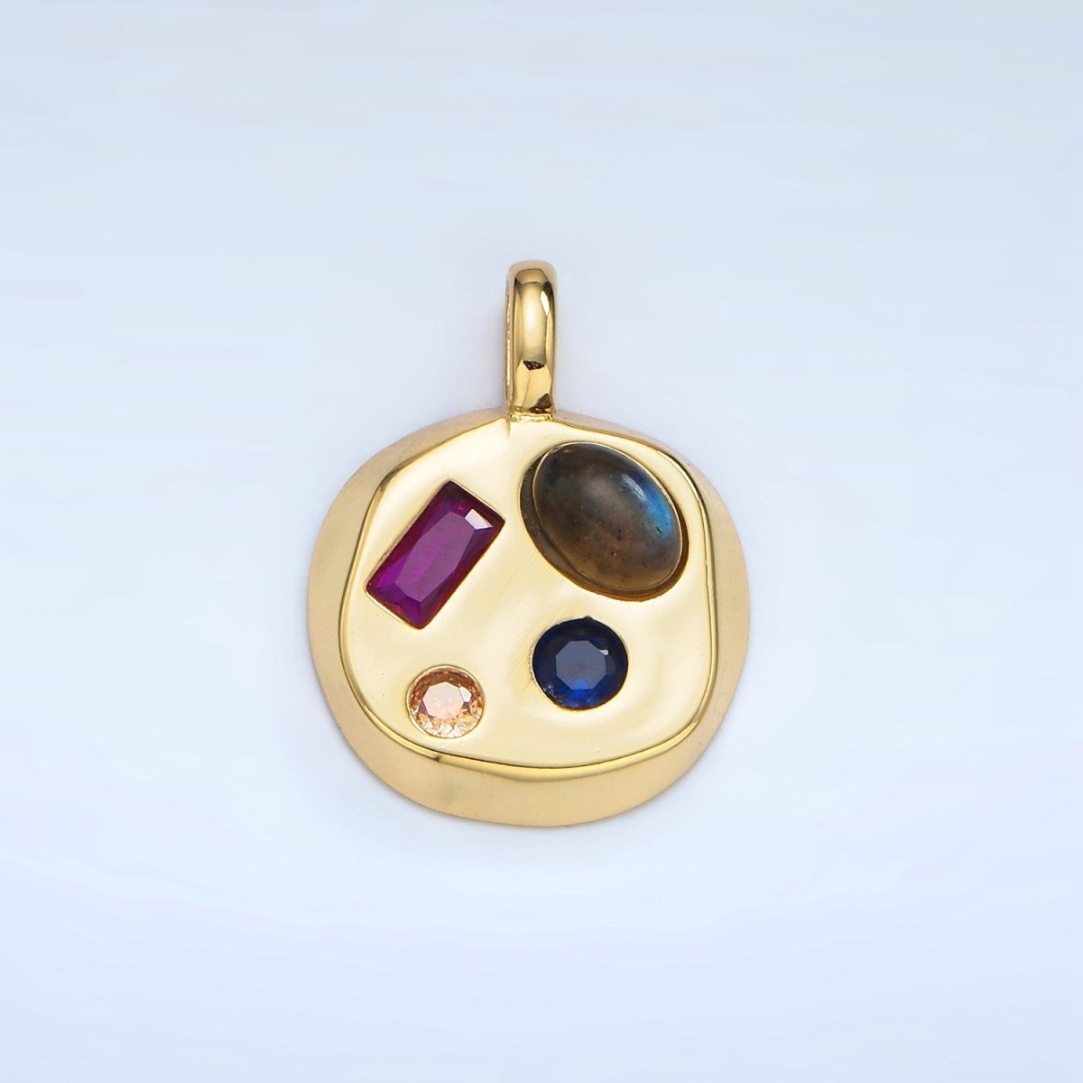 24K Gold Filled Moonstone, Amazonite, Labradorite Cabochon Multicolor CZ Round Pendant | AA970 - AA972