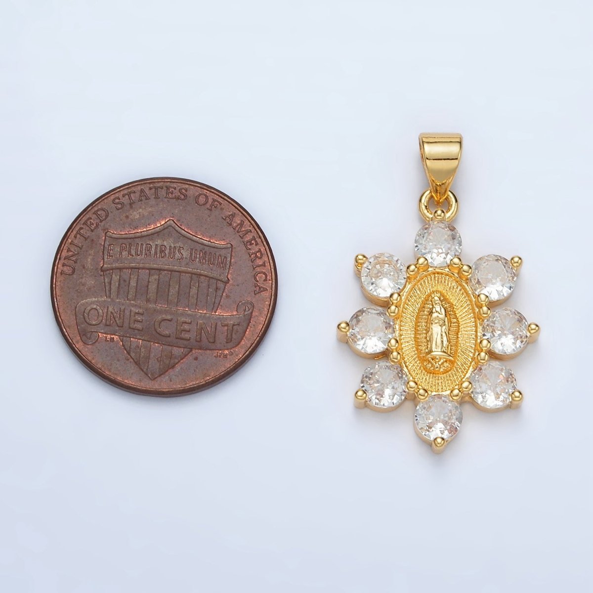 24K Gold Filled Mother Mary Religious Figure CZ Dotted Flower Outline Pendant | AA1419
