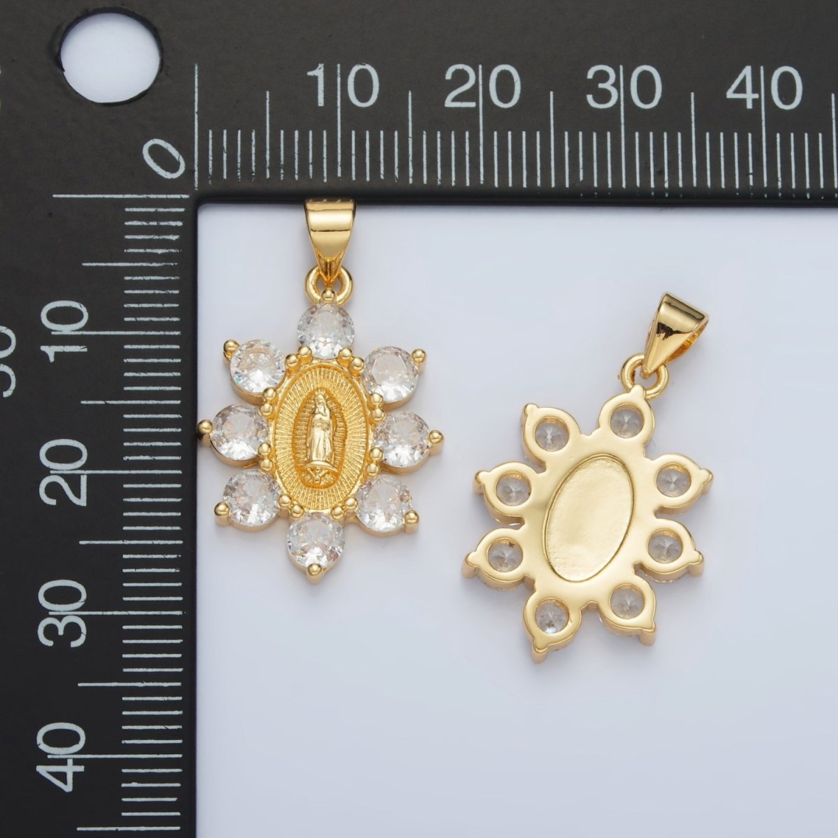 24K Gold Filled Mother Mary Religious Figure CZ Dotted Flower Outline Pendant | AA1419