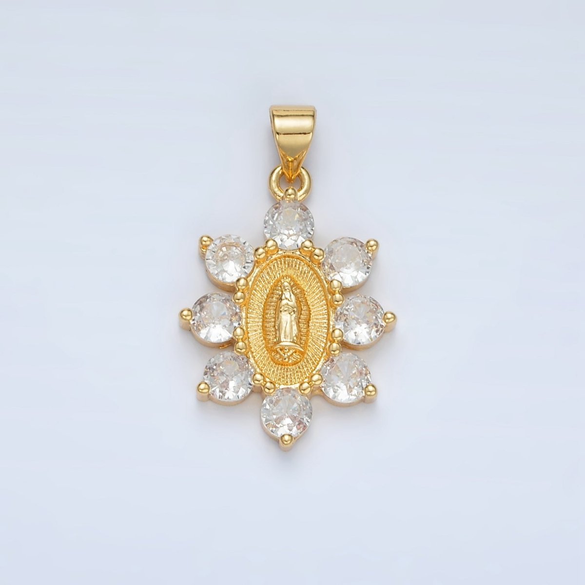24K Gold Filled Mother Mary Religious Figure CZ Dotted Flower Outline Pendant | AA1419