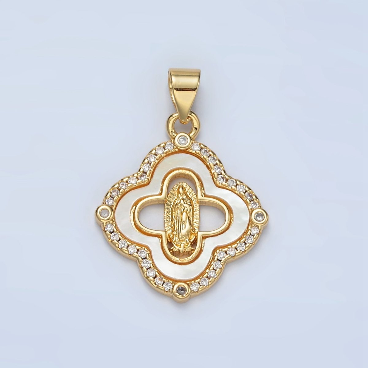 24K Gold Filled Mother Mary Religious Figure Shell Pearl Micro Paved CZ Quatrefoil Pendant | I058