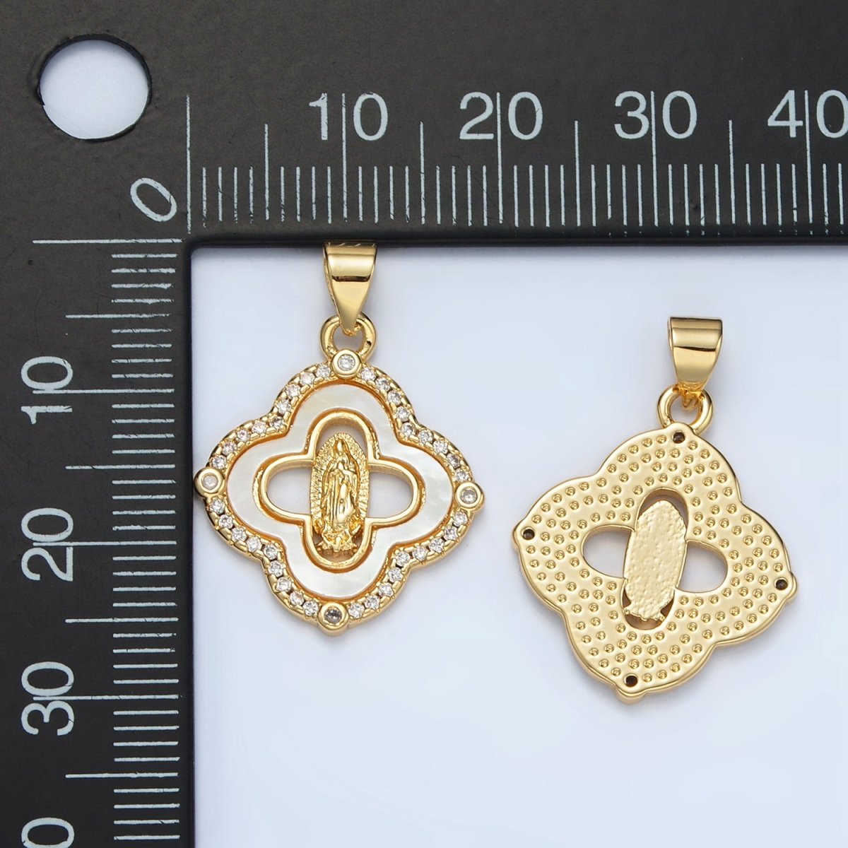 24K Gold Filled Mother Mary Religious Figure Shell Pearl Micro Paved CZ Quatrefoil Pendant | I058