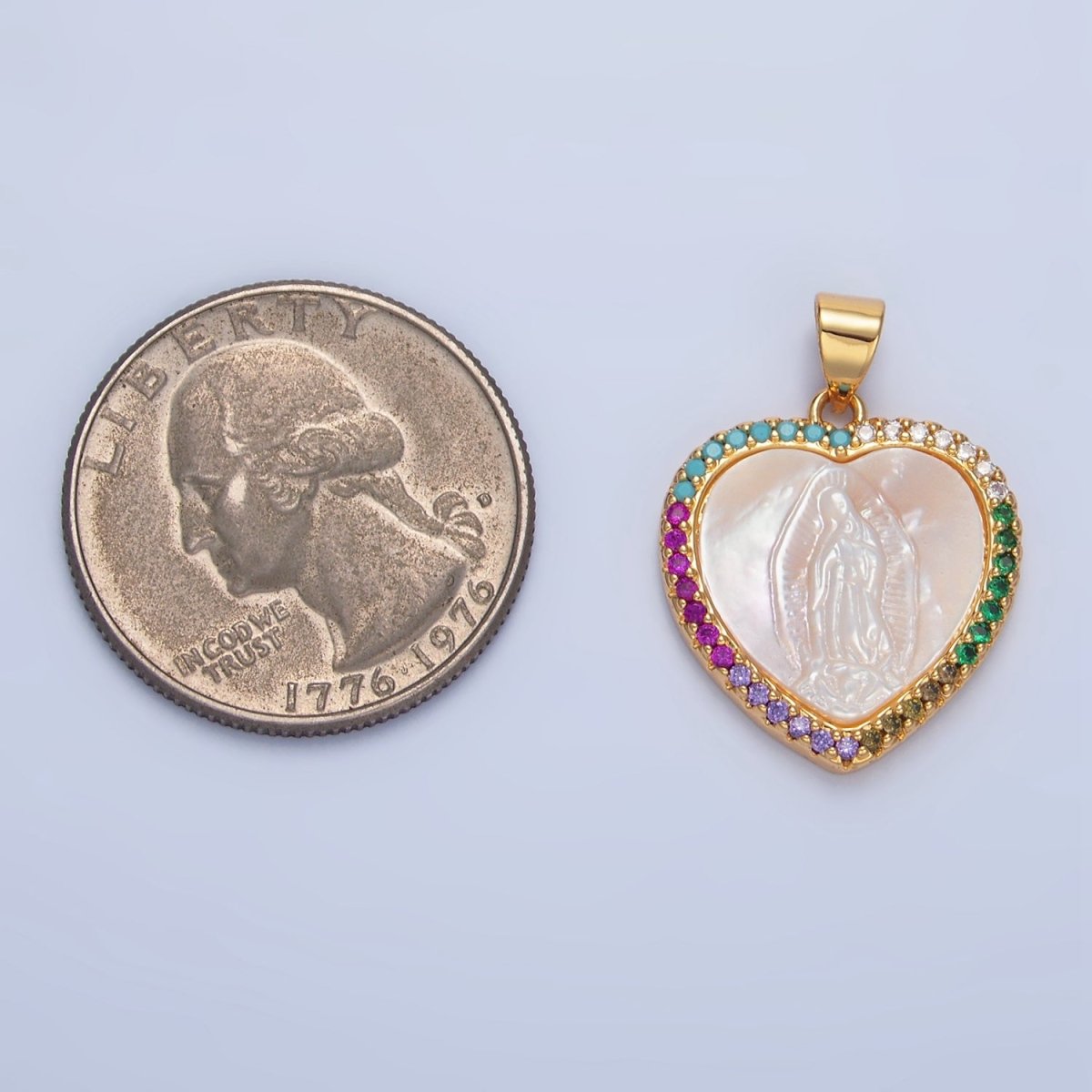 24K Gold Filled Mother Mary Shell Pearl Micro Paved CZ Heart Bezel Pendant | AA784