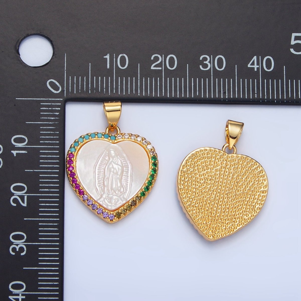 24K Gold Filled Mother Mary Shell Pearl Micro Paved CZ Heart Bezel Pendant | AA784