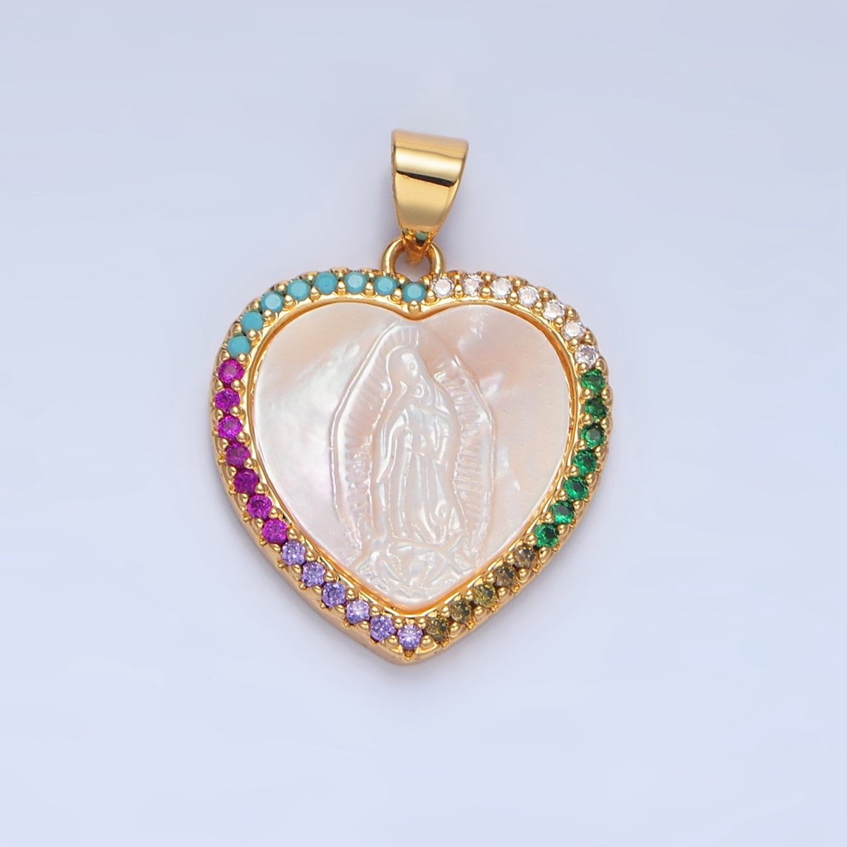 24K Gold Filled Mother Mary Shell Pearl Micro Paved CZ Heart Bezel Pendant | AA784