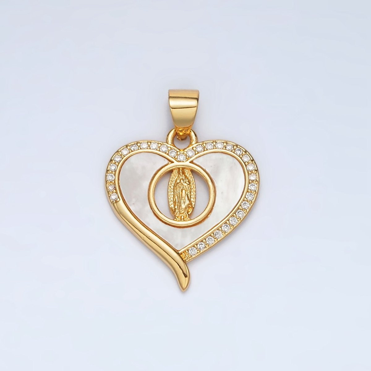 24K Gold Filled Mother Mary Shell Pearl Micro Paved CZ Open Heart Pendant | AH182