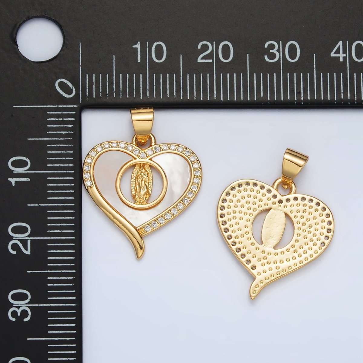 24K Gold Filled Mother Mary Shell Pearl Micro Paved CZ Open Heart Pendant | AH182