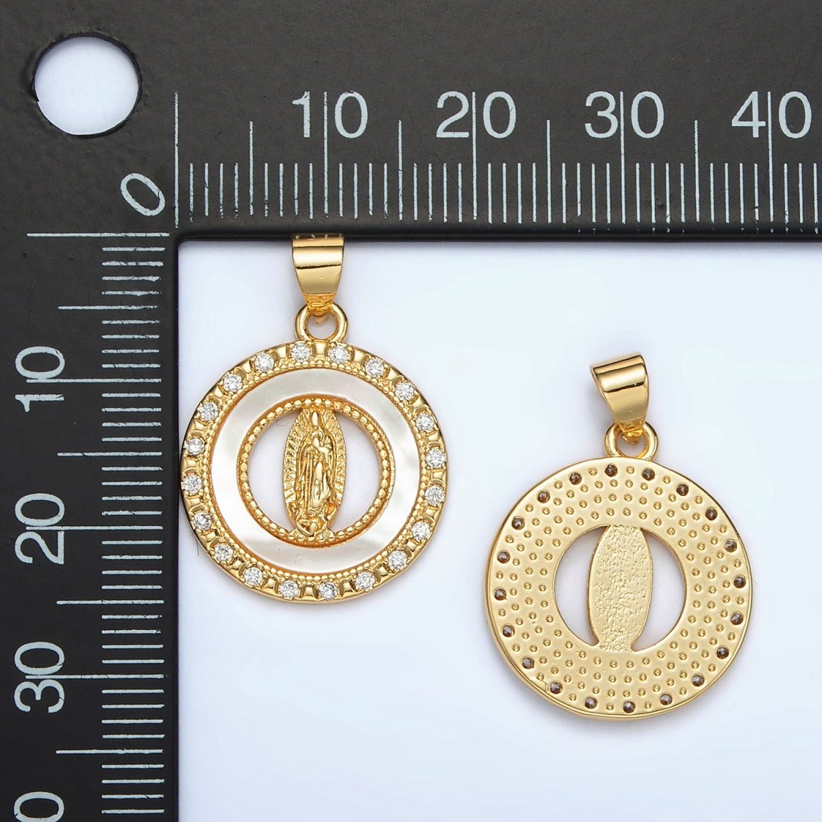 24K Gold Filled Mother Mary Shell Pearl Micro Paved CZ Open Round Pendant | AH186
