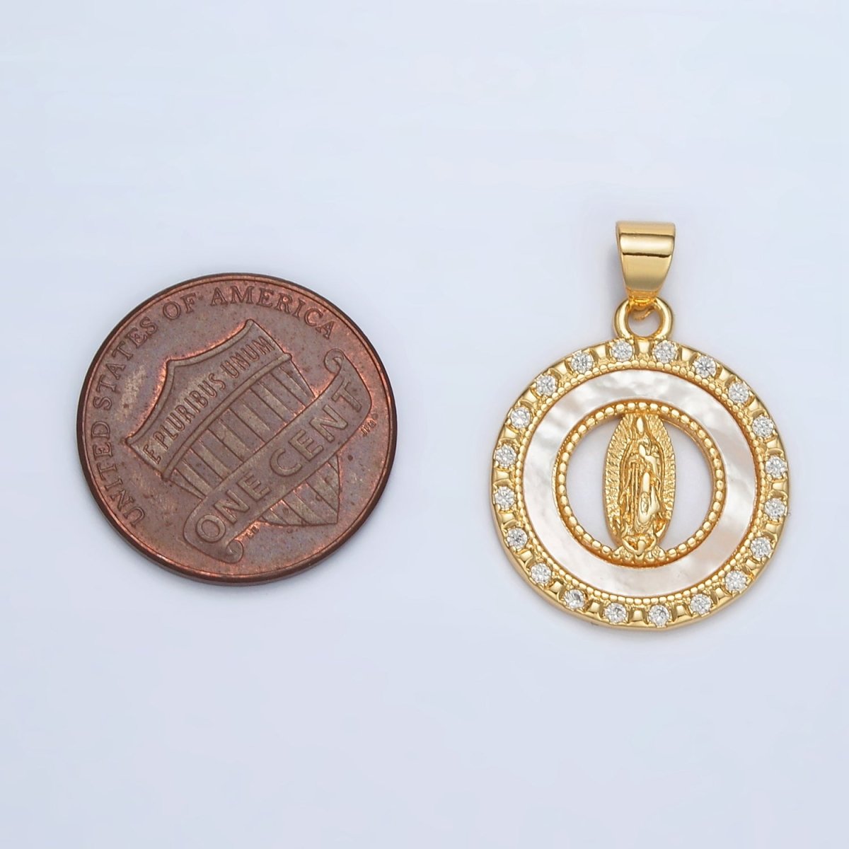 24K Gold Filled Mother Mary Shell Pearl Micro Paved CZ Open Round Pendant | AH186