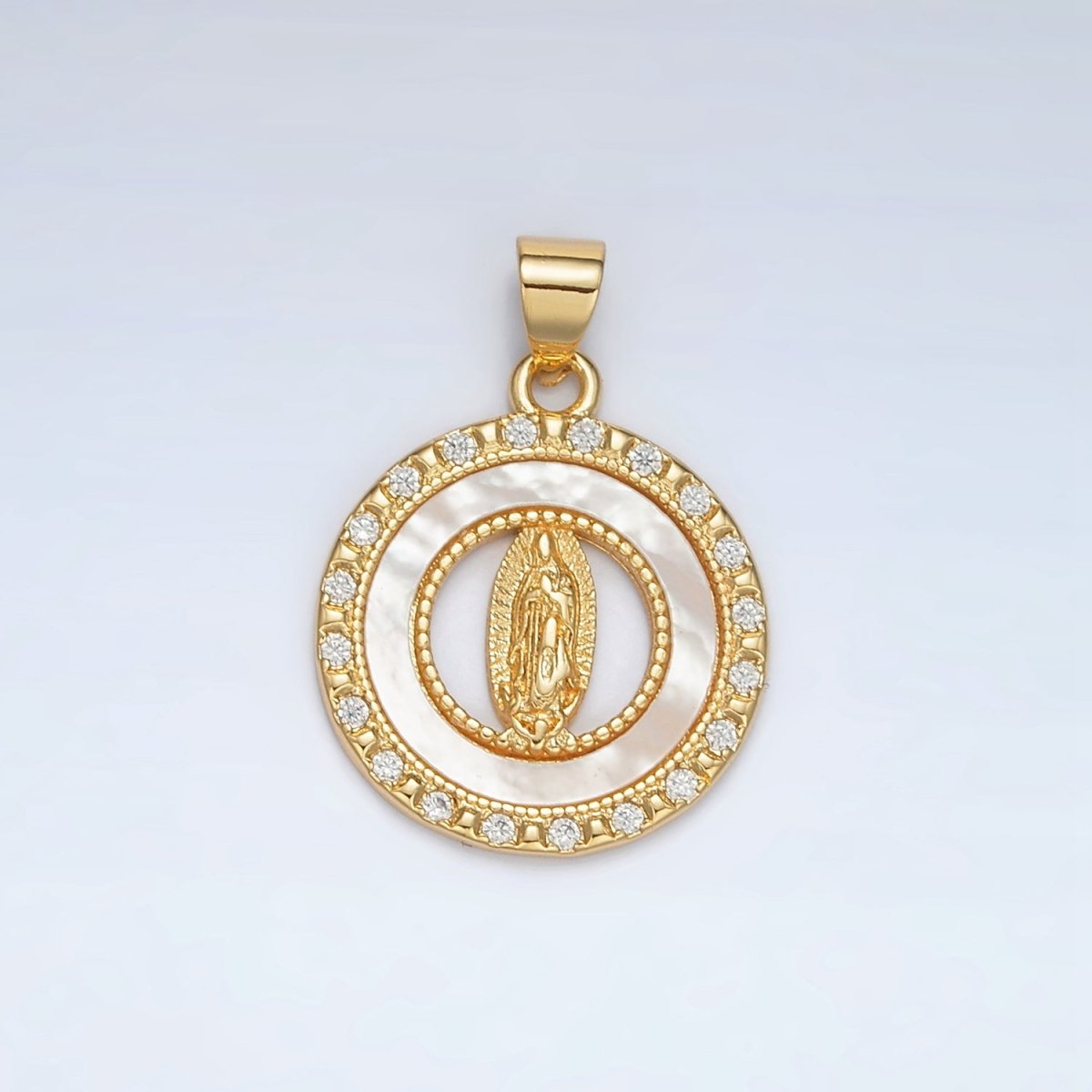 24K Gold Filled Mother Mary Shell Pearl Micro Paved CZ Open Round Pendant | AH186