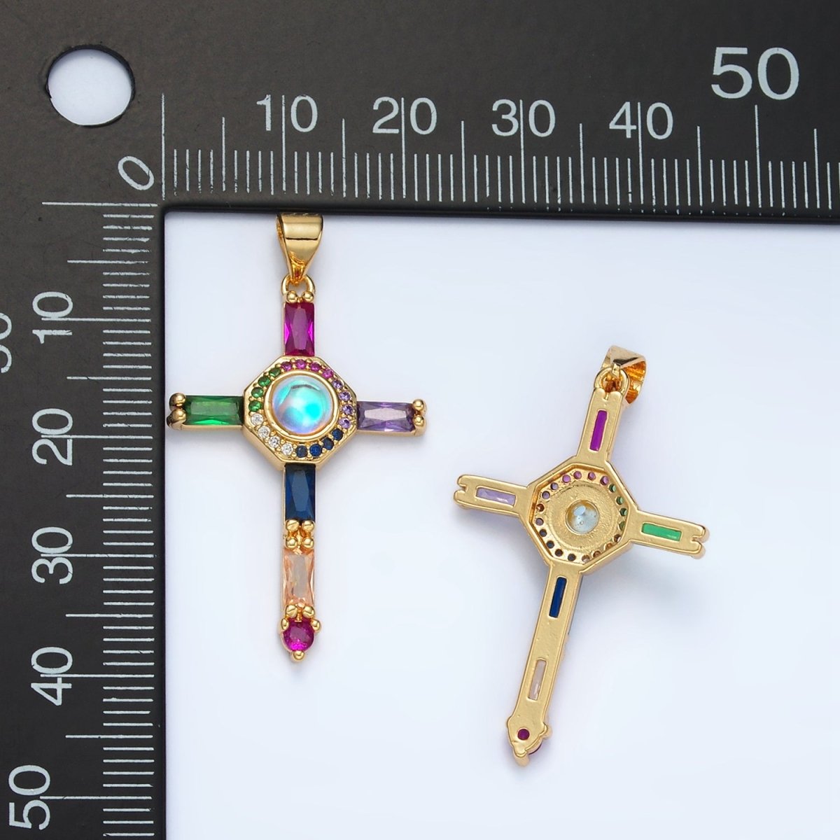 24K Gold Filled Multicolor Baguette Micro Paved CZ Cross Pendant | AA1365