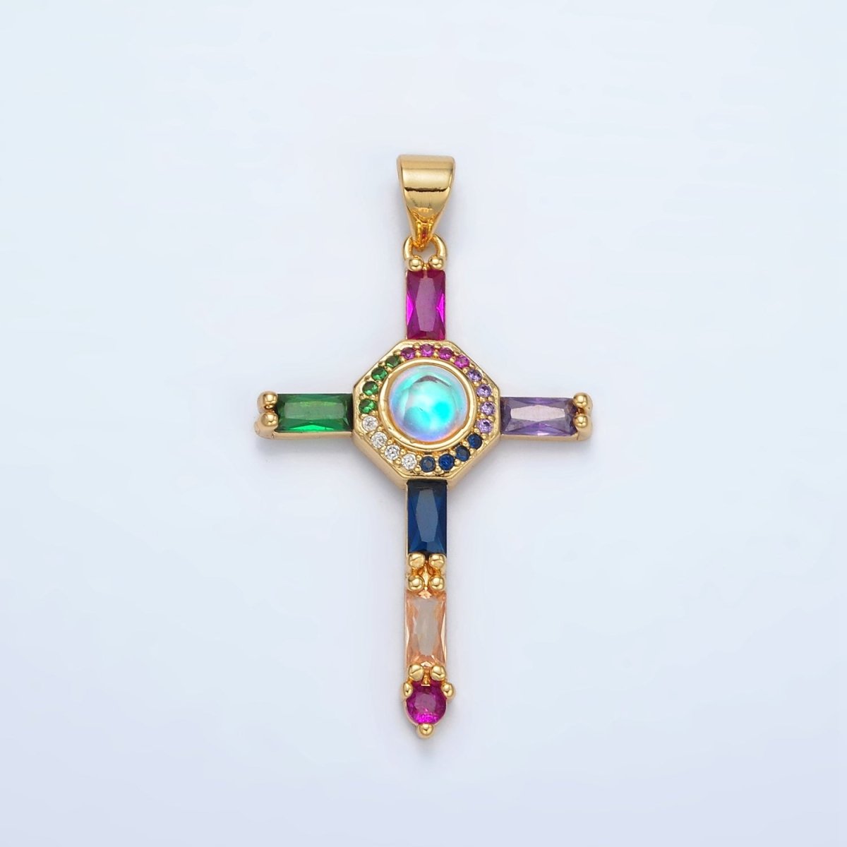24K Gold Filled Multicolor Baguette Micro Paved CZ Cross Pendant | AA1365