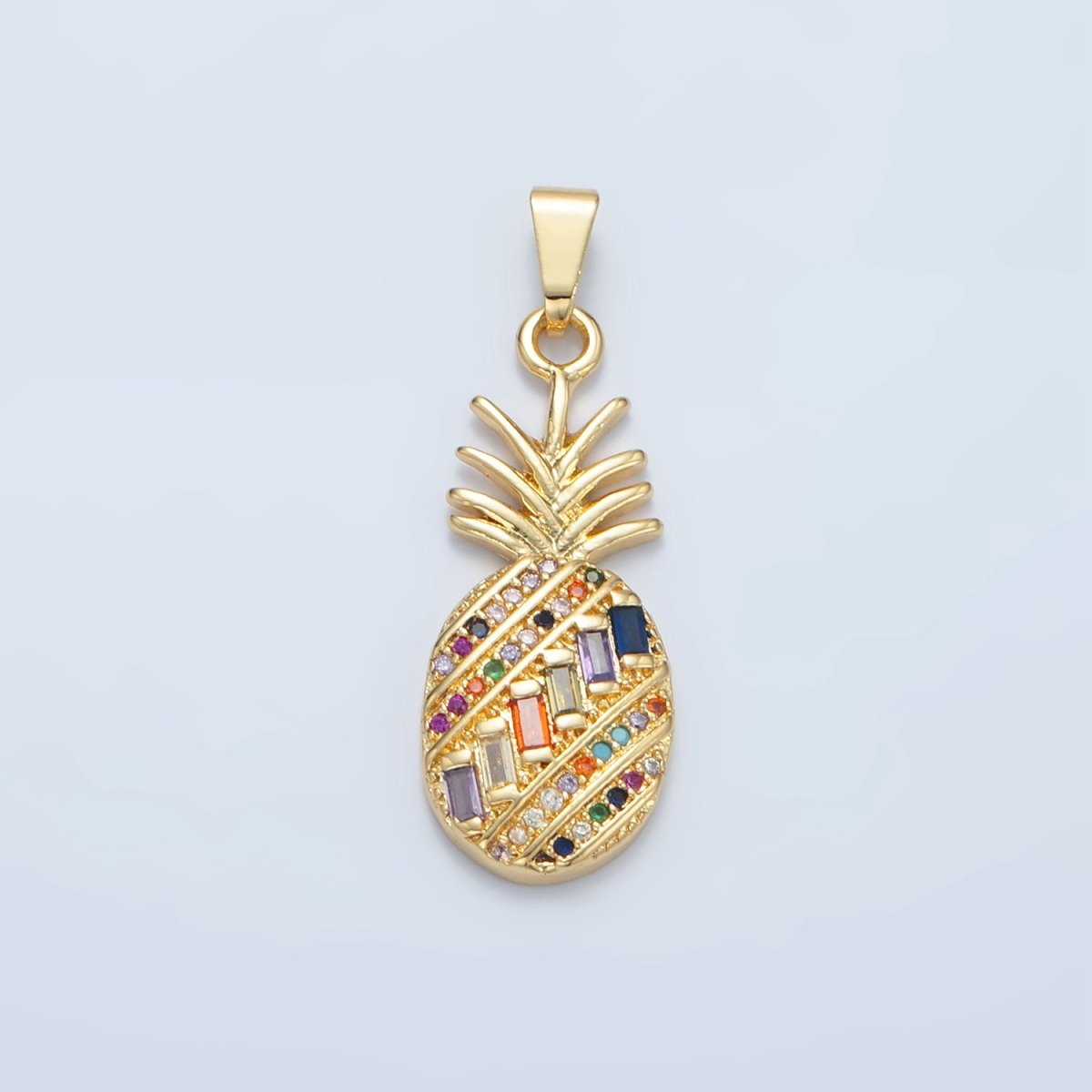 24K Gold Filled Multicolor Baguette Micro Paved CZ Pineapple Fruit Pendant | I754