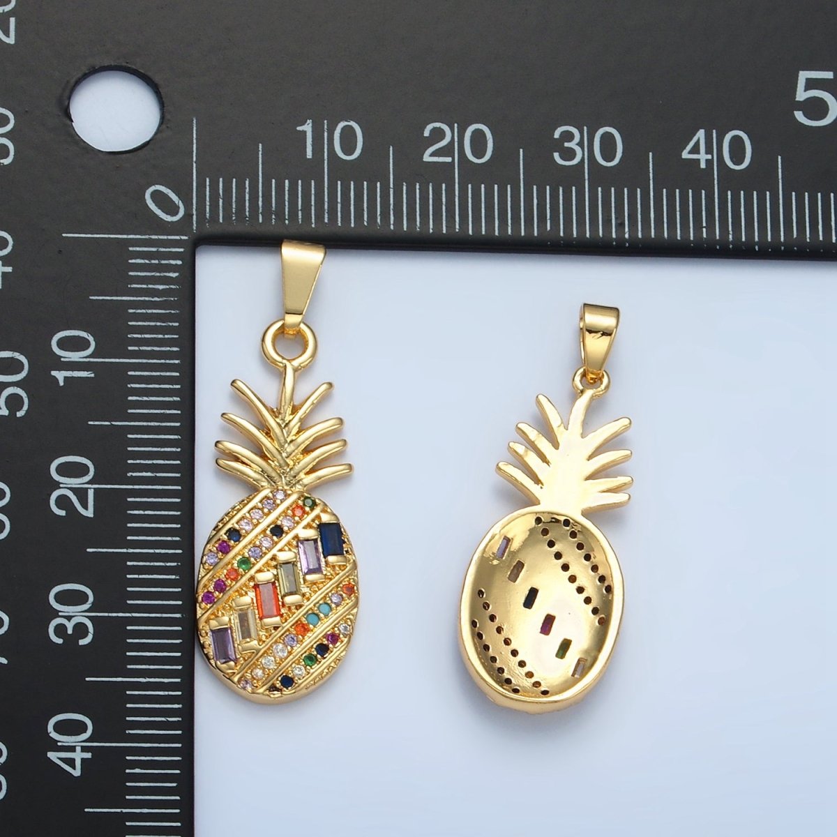 24K Gold Filled Multicolor Baguette Micro Paved CZ Pineapple Fruit Pendant | I754