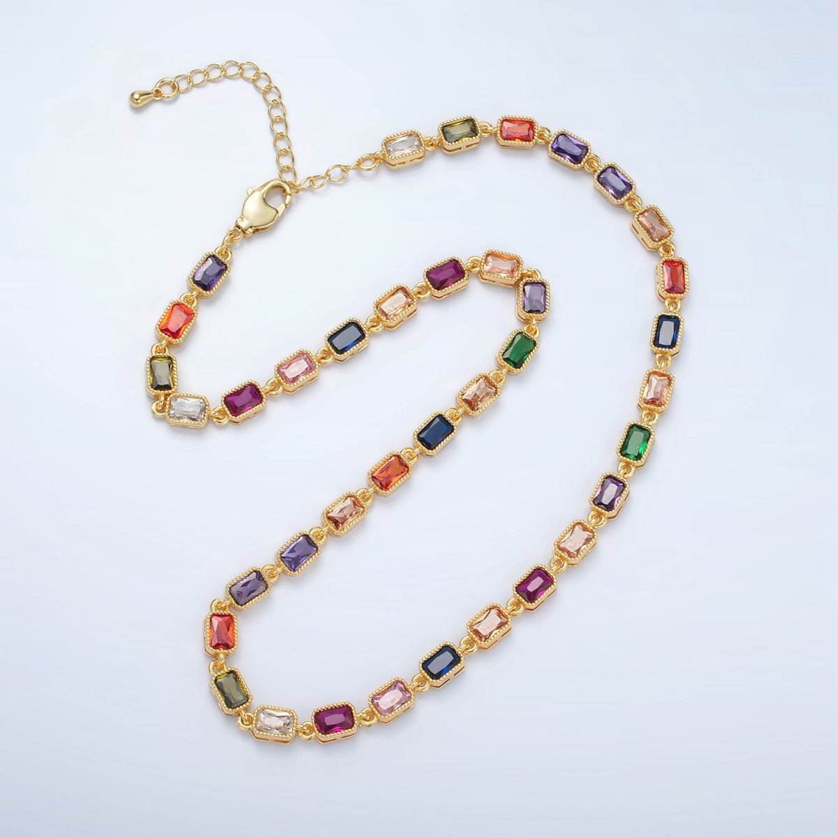 24K Gold Filled Multicolor CZ Baguette 15.5 Inch Necklace | WA-2556