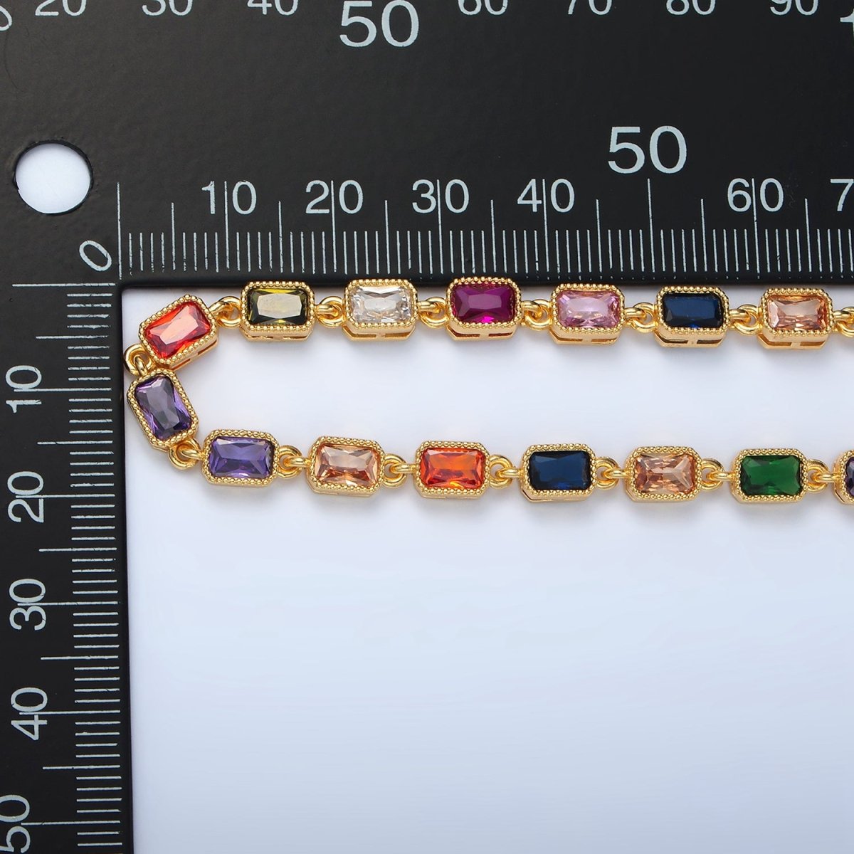 24K Gold Filled Multicolor CZ Baguette 15.5 Inch Necklace | WA-2556