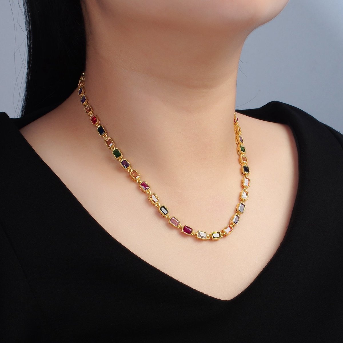 24K Gold Filled Multicolor CZ Baguette 15.5 Inch Necklace | WA-2556
