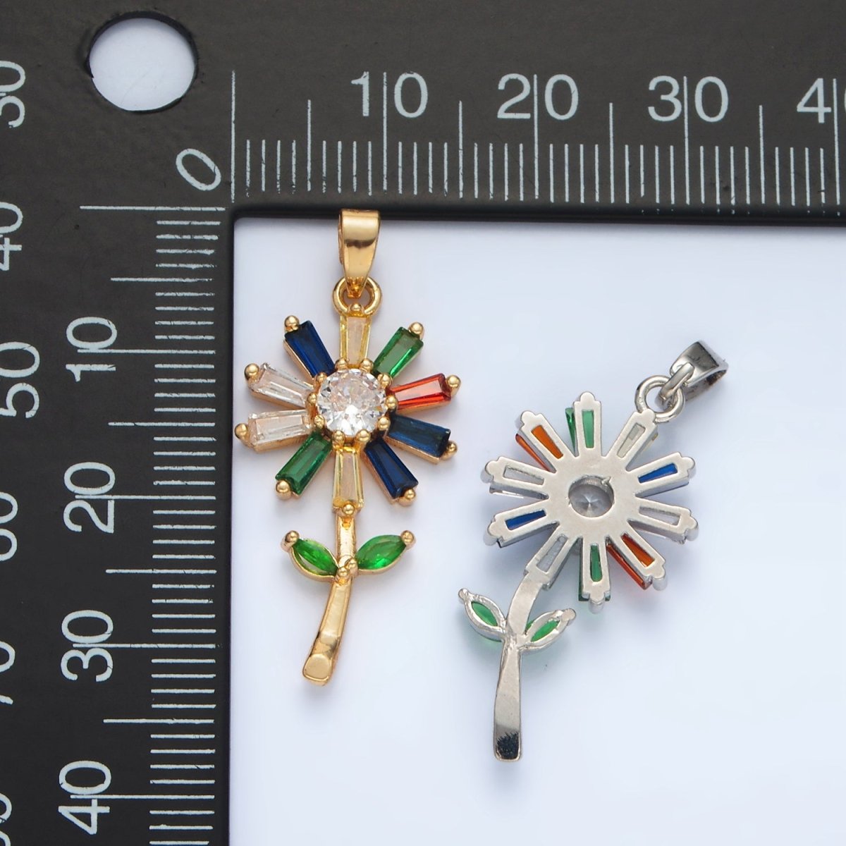 24K Gold Filled Multicolor CZ Baguette Flower Pendant in Gold & Silver | AA1385