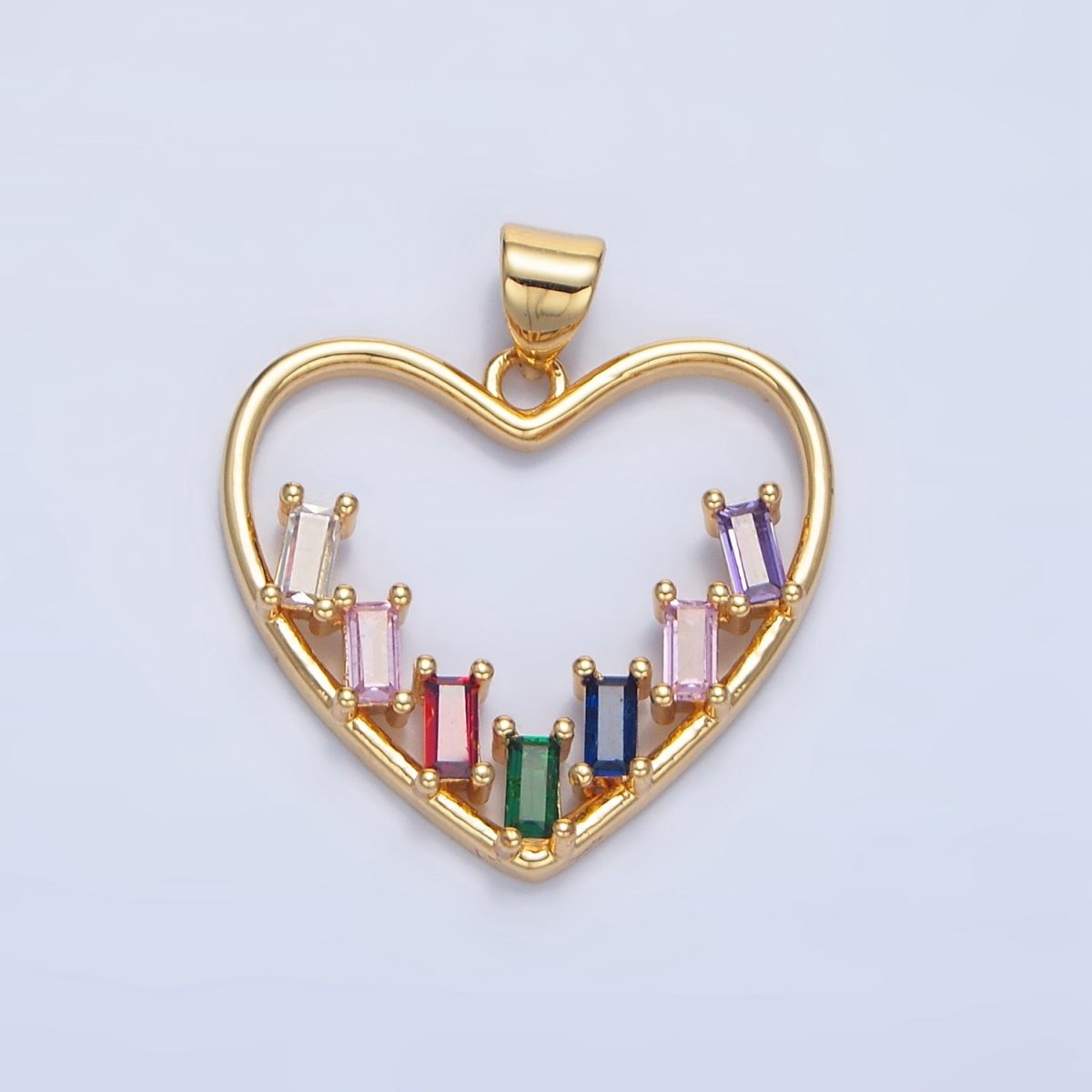 24K Gold Filled Multicolor CZ Baguette Open Heart Bezel Pendant | AA781