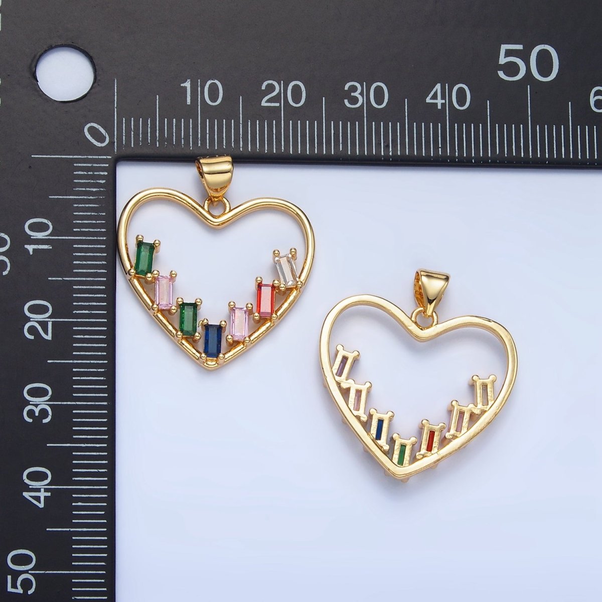 24K Gold Filled Multicolor CZ Baguette Open Heart Bezel Pendant | AA781