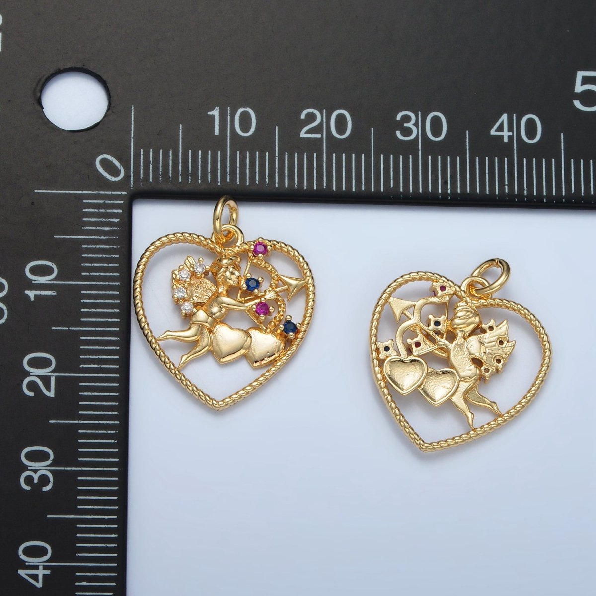 24K Gold Filled Multicolor CZ Cupid Arrow Archery Open Heart Charm | E132