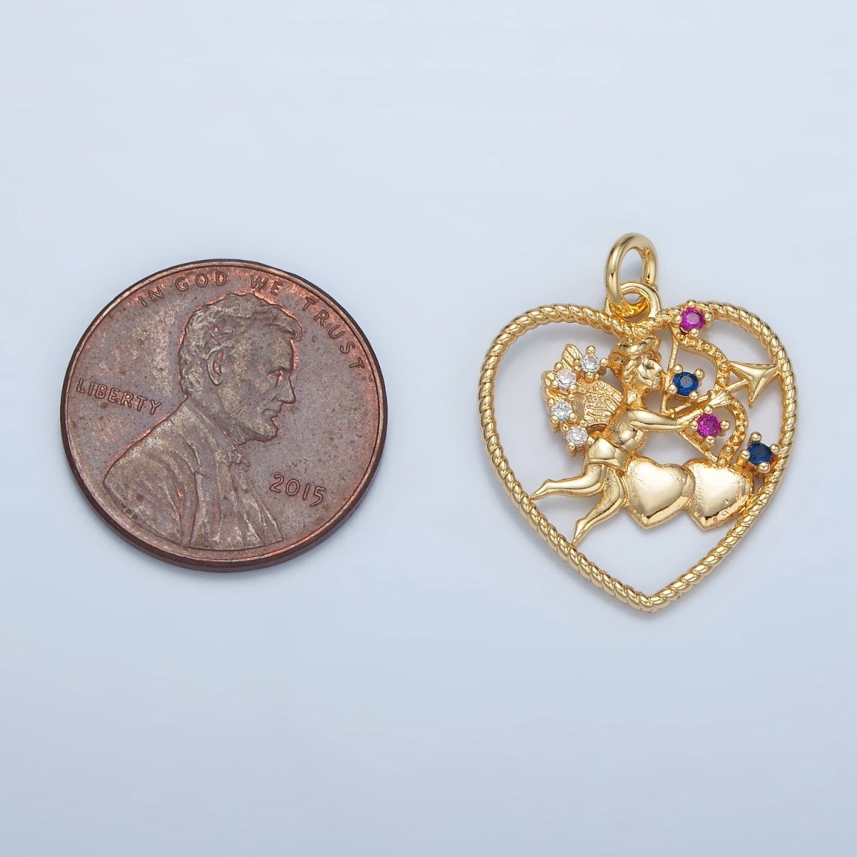 24K Gold Filled Multicolor CZ Cupid Arrow Archery Open Heart Charm | E132