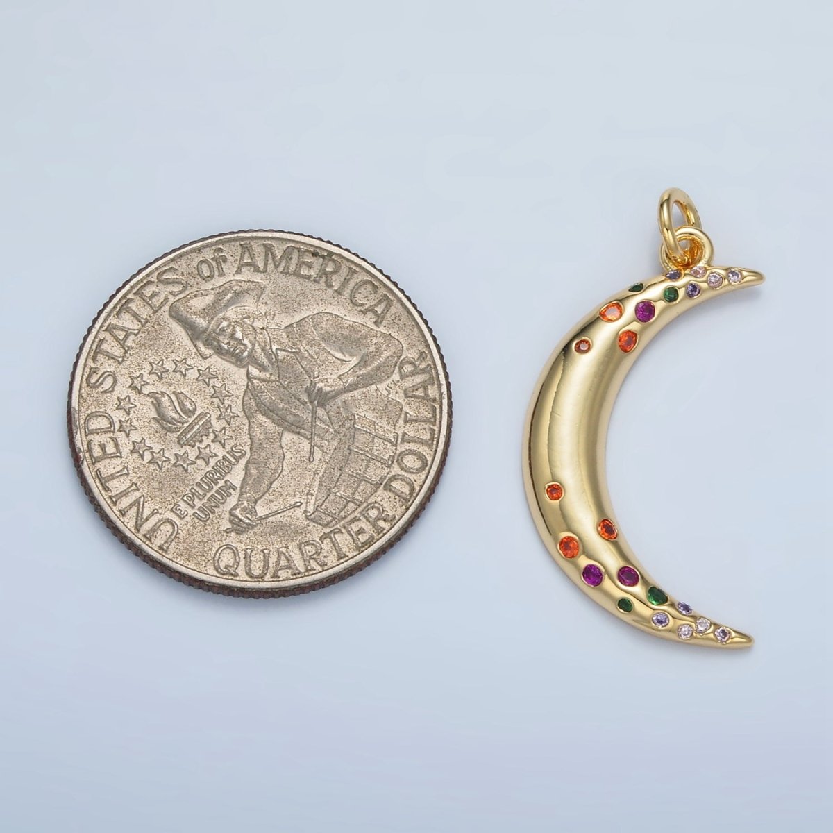 24K Gold Filled Multicolor CZ Dotted Celestial Crescent Moon Charm | E100