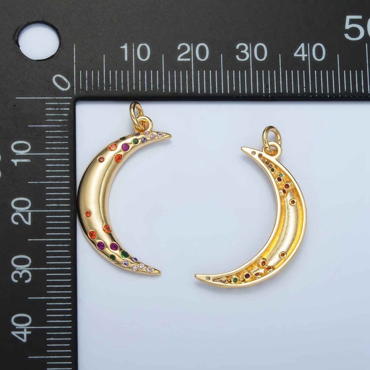24K Gold Filled Multicolor CZ Dotted Celestial Crescent Moon Charm | E100