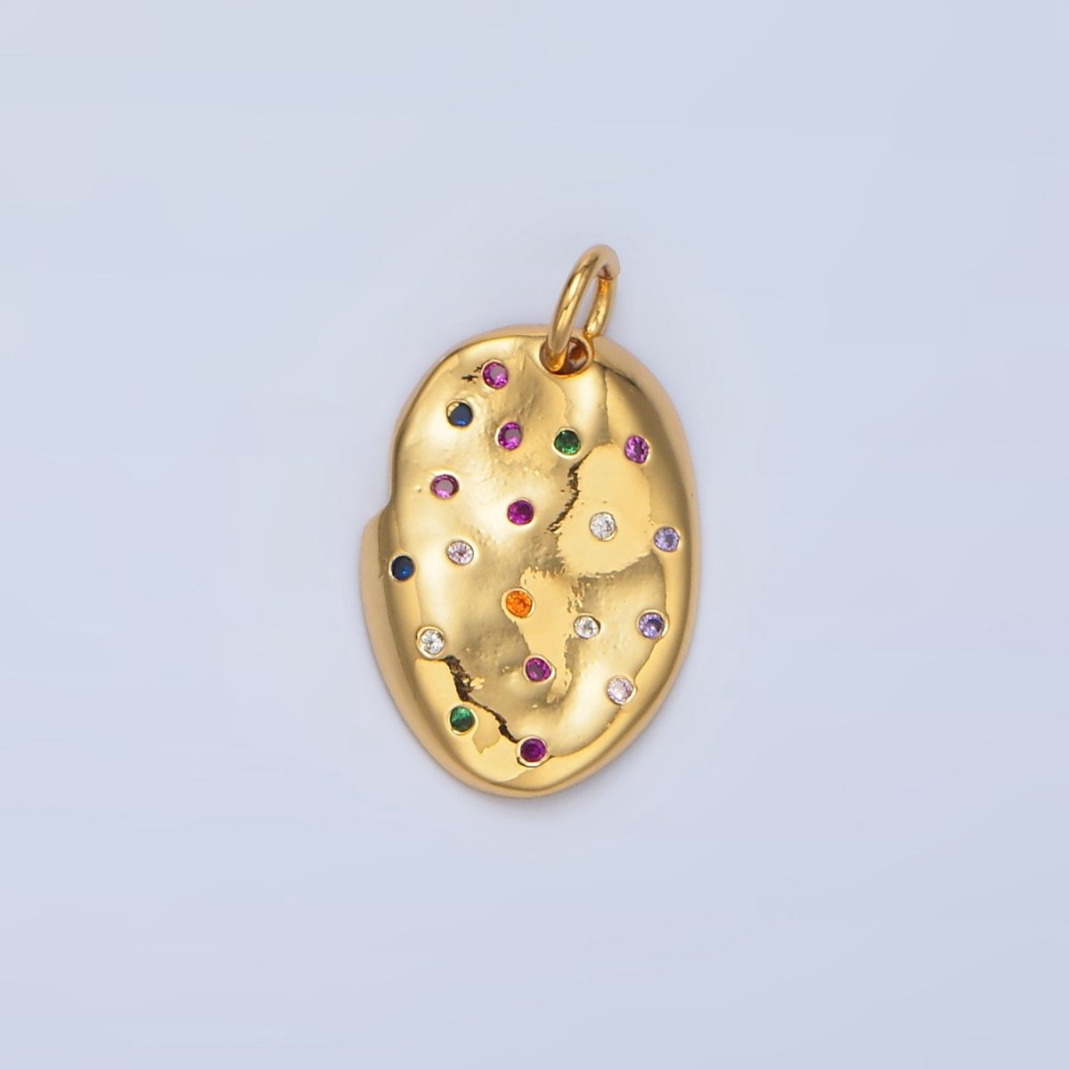 24K Gold Filled Multicolor CZ Dotted Hammered Oval Charm | X607