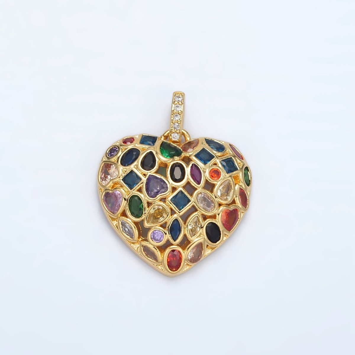 24K Gold Filled Multicolor CZ Geometric Heart Micro Paved CZ Bail Pendant | AA1366