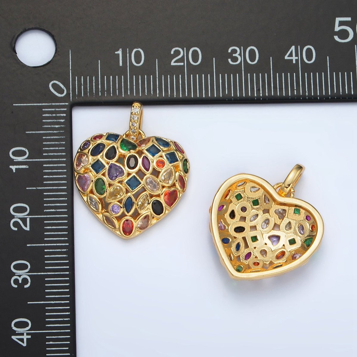 24K Gold Filled Multicolor CZ Geometric Heart Micro Paved CZ Bail Pendant | AA1366