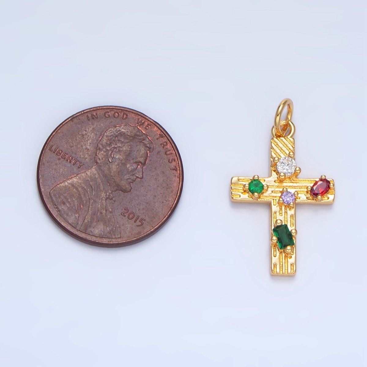 24K Gold Filled Multicolor CZ Line-Textured Cross Charm | X821