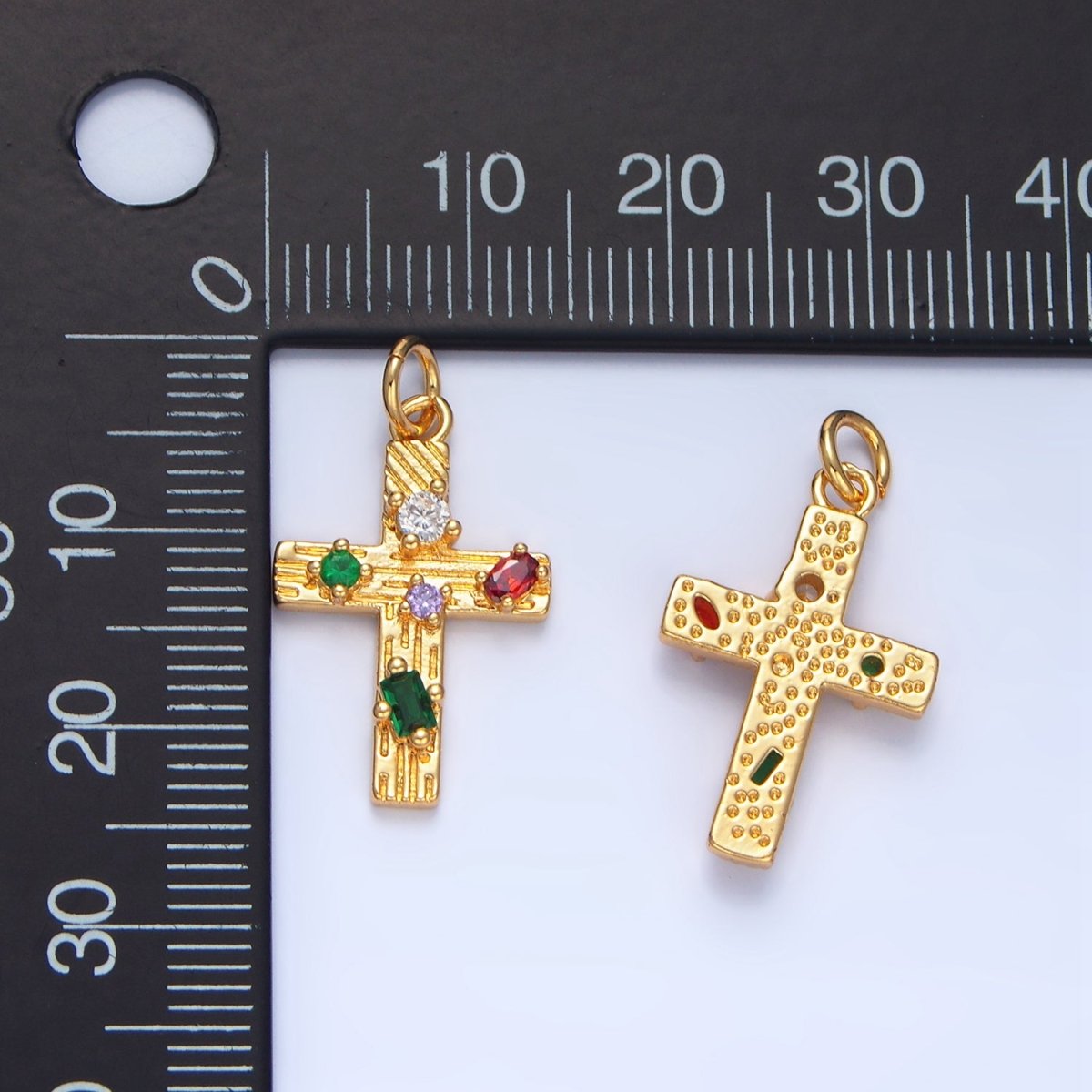 24K Gold Filled Multicolor CZ Line-Textured Cross Charm | X821