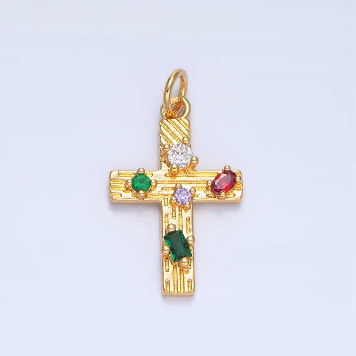 24K Gold Filled Multicolor CZ Line-Textured Cross Charm | X821
