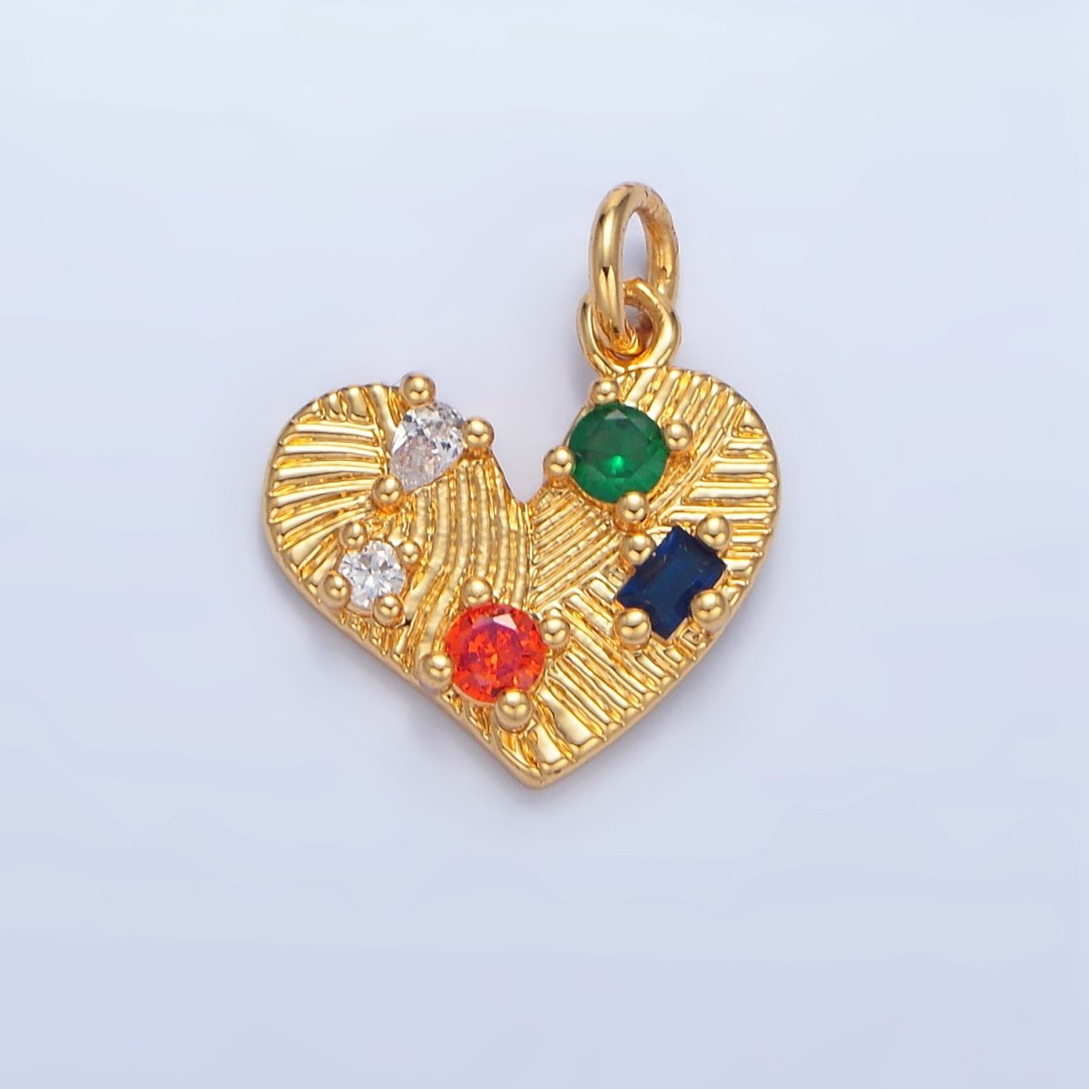 24K Gold Filled Multicolor CZ Line-Textured Heart Charm | X819