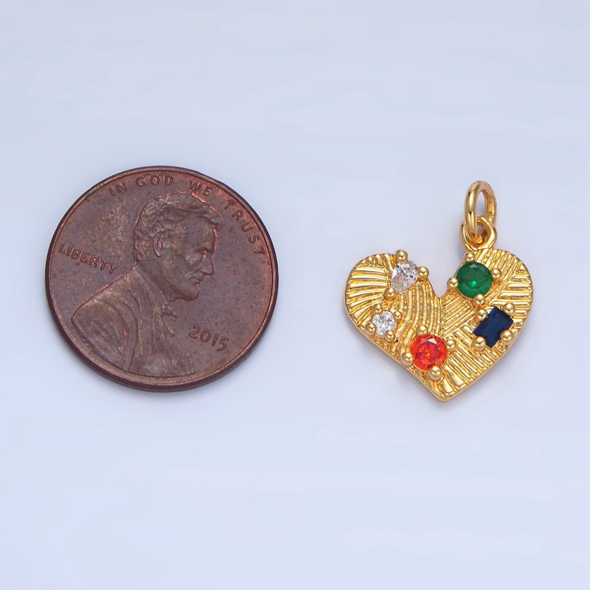 24K Gold Filled Multicolor CZ Line-Textured Heart Charm | X819