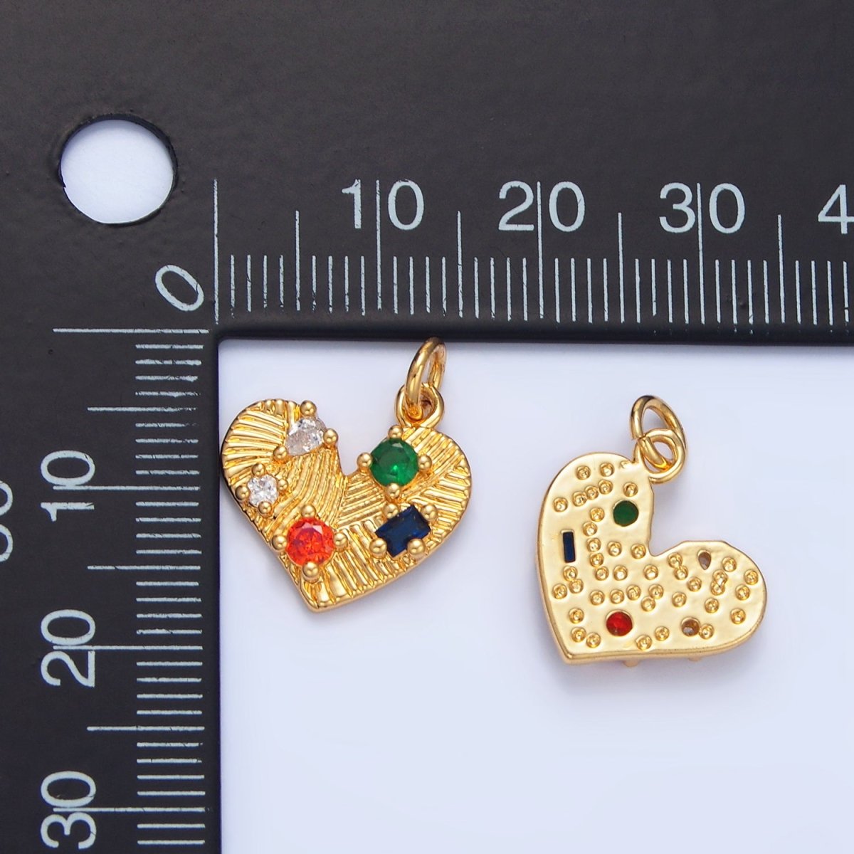 24K Gold Filled Multicolor CZ Line-Textured Heart Charm | X819