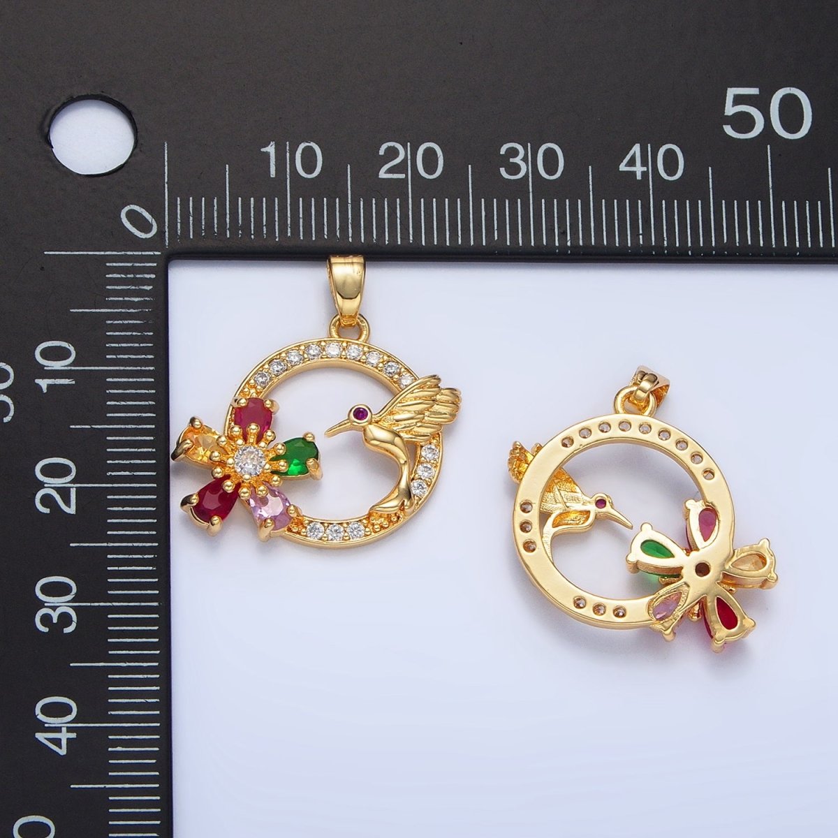 24K Gold Filled Multicolor CZ Micro Paved CZ Bird Open Round Pendant | H848