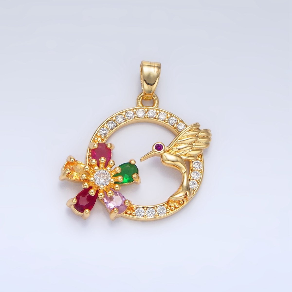 24K Gold Filled Multicolor CZ Micro Paved CZ Bird Open Round Pendant | H848