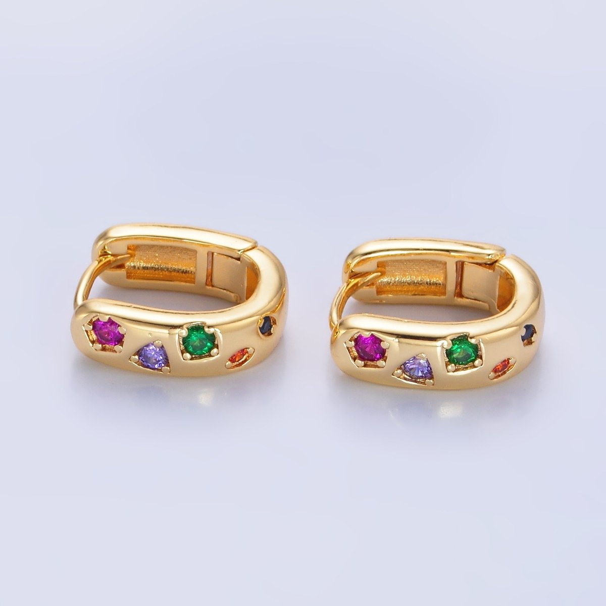 24K Gold Filled Multicolor CZ U-Shaped Huggie Earrings | AB002