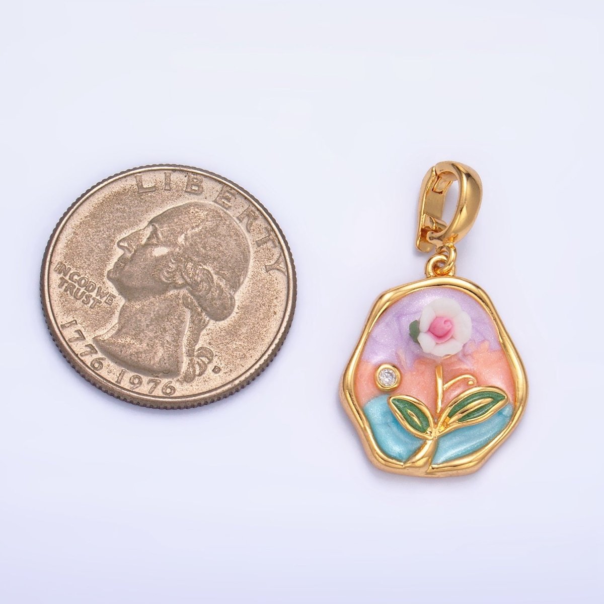 24K Gold Filled Multicolor Enamel Pastel Flower Stamped Snap Latch Bail Pendant | AA1020