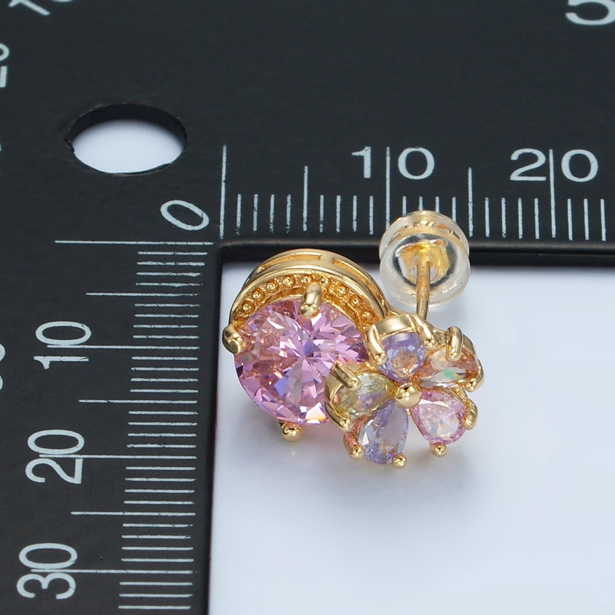 24K Gold Filled Multicolor Flower Petal Pink CZ Drop Stud Earrings | AD621