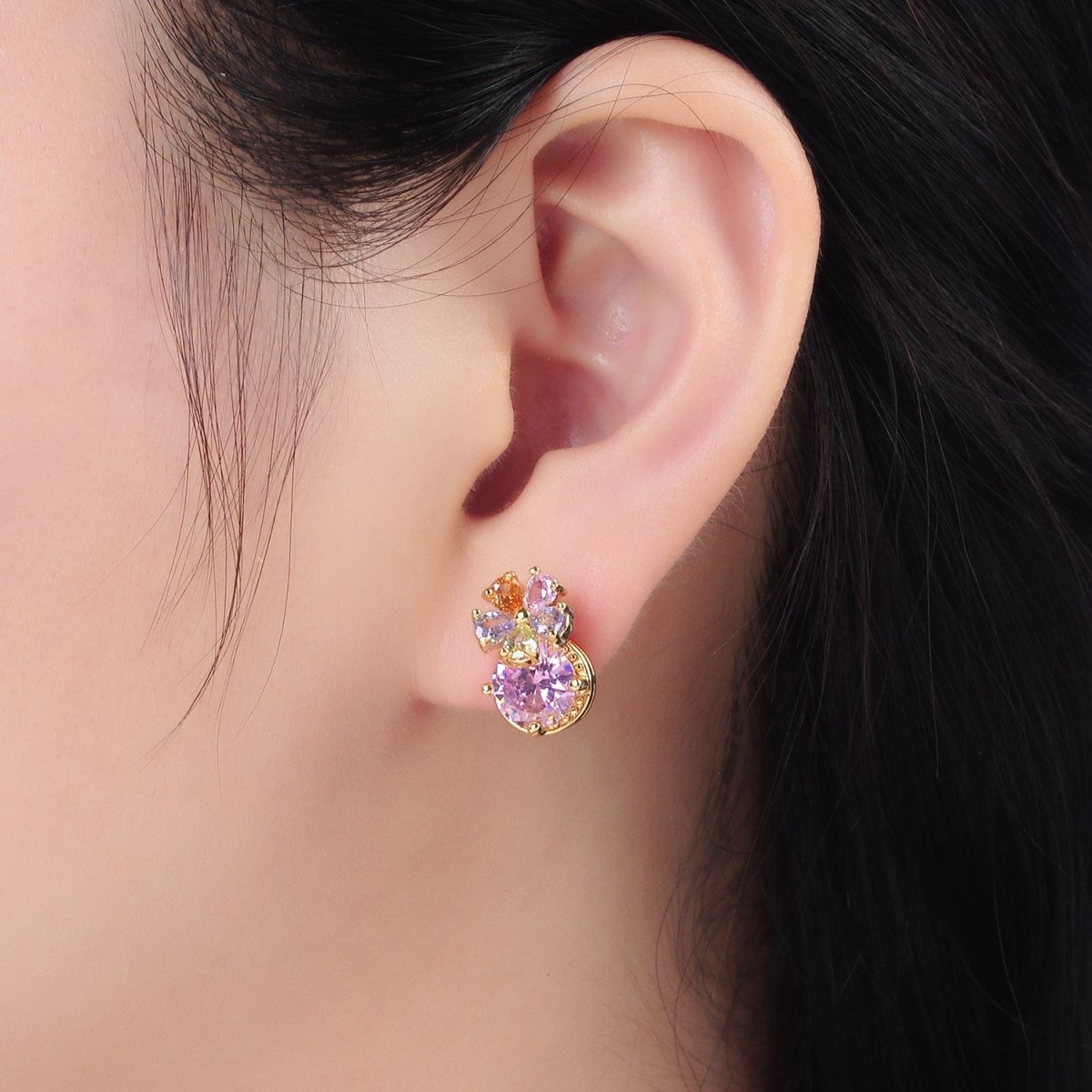 24K Gold Filled Multicolor Flower Petal Pink CZ Drop Stud Earrings | AD621