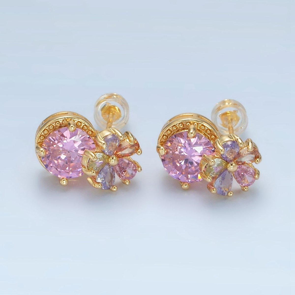 24K Gold Filled Multicolor Flower Petal Pink CZ Drop Stud Earrings | AD621