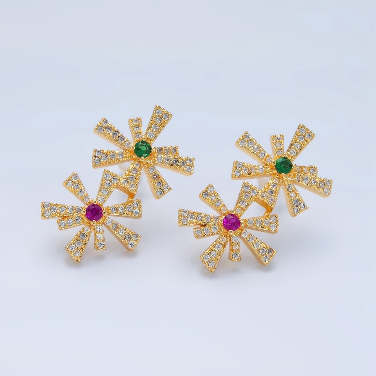 24K Gold Filled Multicolor Green, Blue CZ Micro Paved Double Flower Drop Stud Earrings | P107 P110
