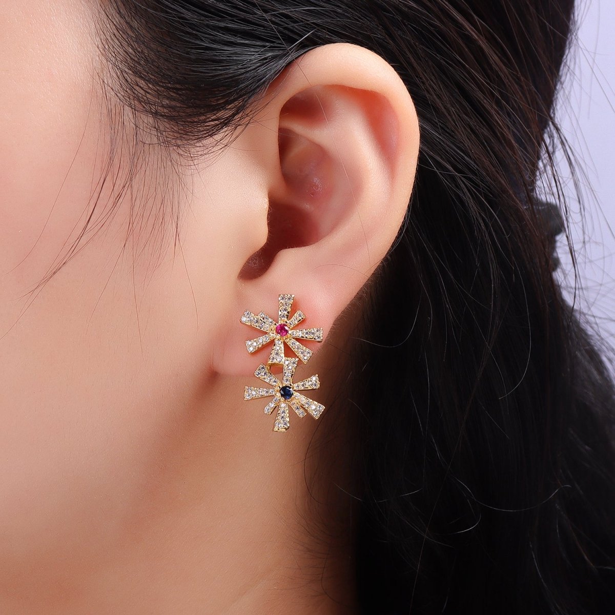 24K Gold Filled Multicolor Green, Blue CZ Micro Paved Double Flower Drop Stud Earrings | P107 P110