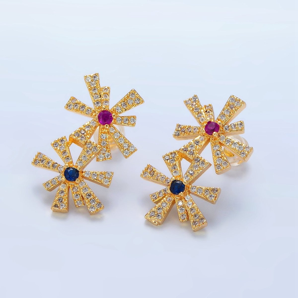 24K Gold Filled Multicolor Green, Blue CZ Micro Paved Double Flower Drop Stud Earrings | P107 P110