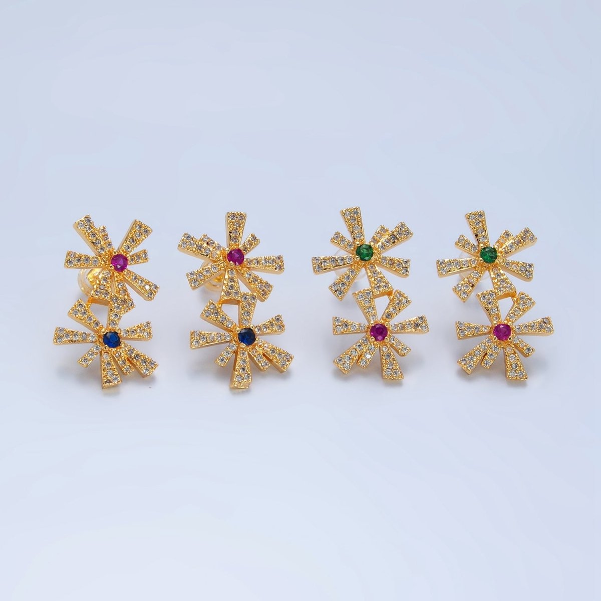 24K Gold Filled Multicolor Green, Blue CZ Micro Paved Double Flower Drop Stud Earrings | P107 P110