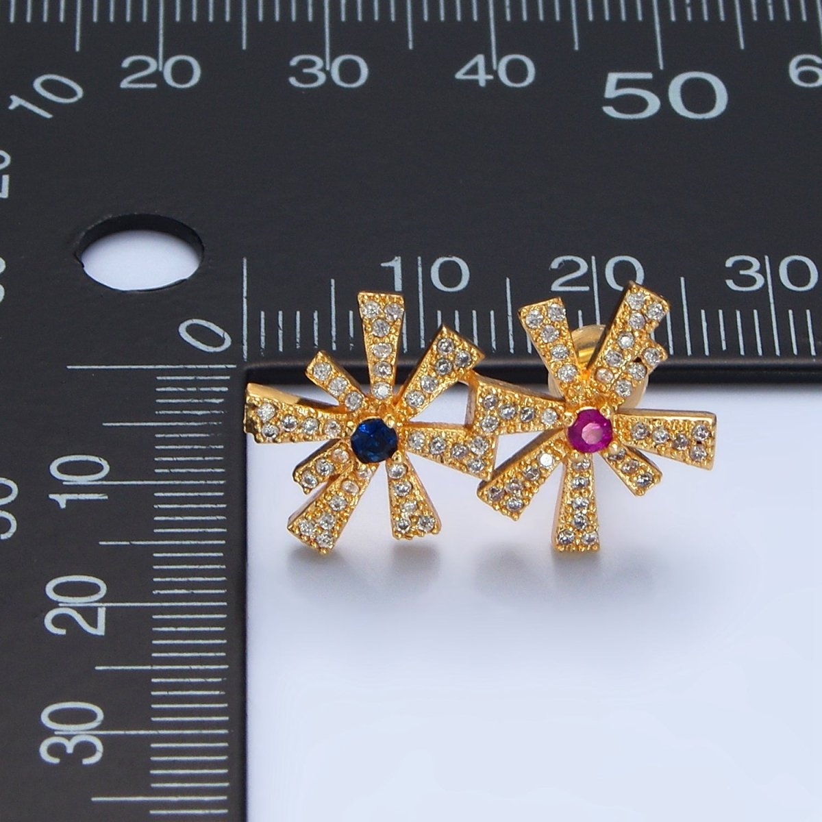 24K Gold Filled Multicolor Green, Blue CZ Micro Paved Double Flower Drop Stud Earrings | P107 P110