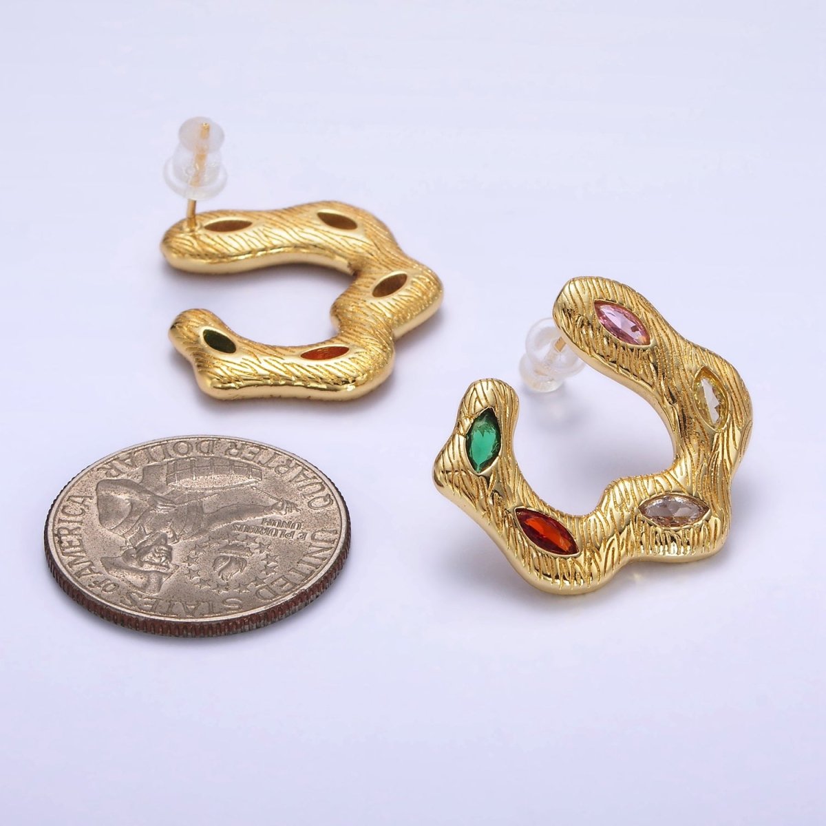 24K Gold Filled Multicolor Marquise CZ Wavy Line-Textured Stud Earrings Set | P526